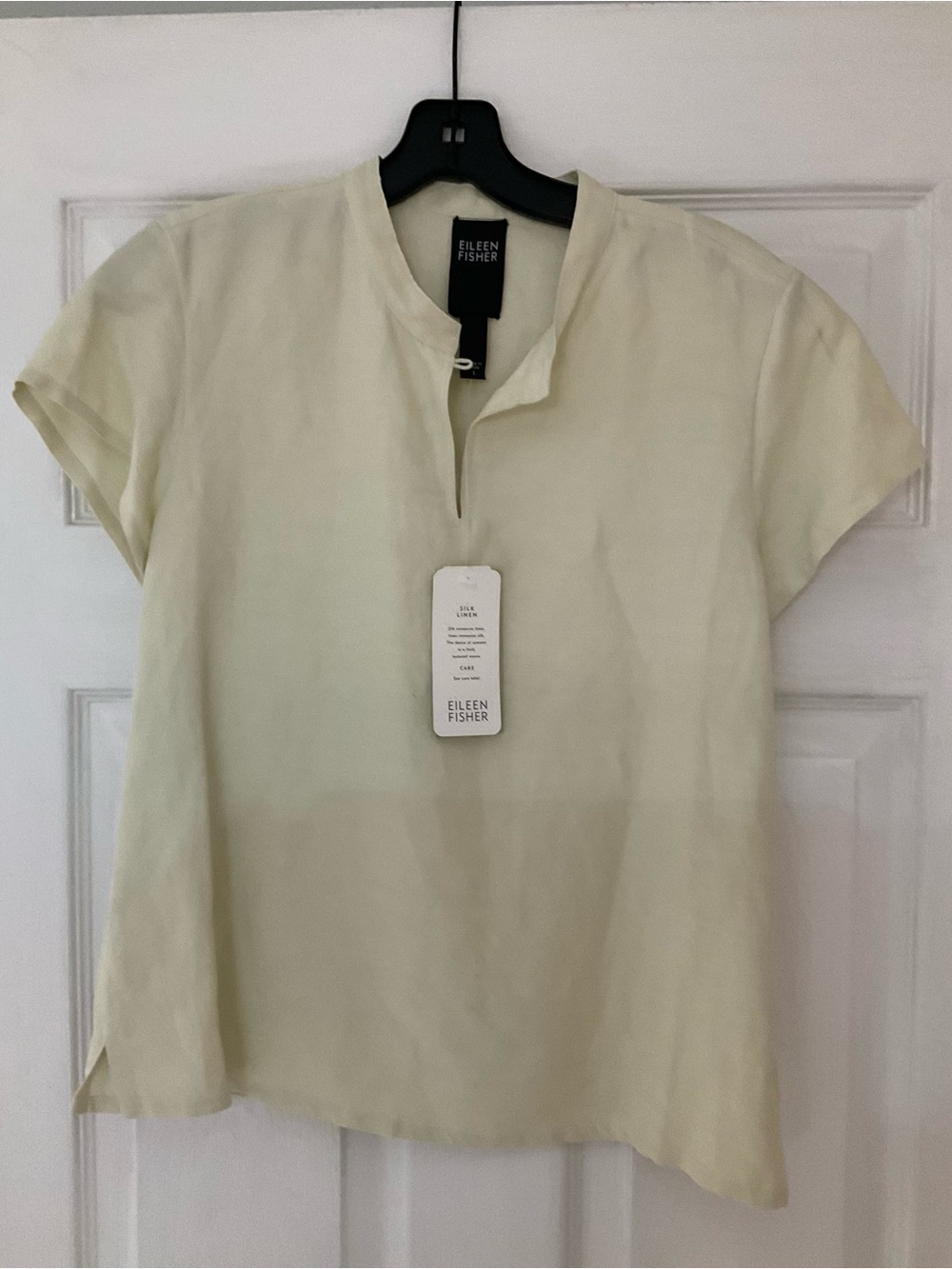 Eileen Fisher Pale Cream Short-Sleeve Split-Neck Linen Top